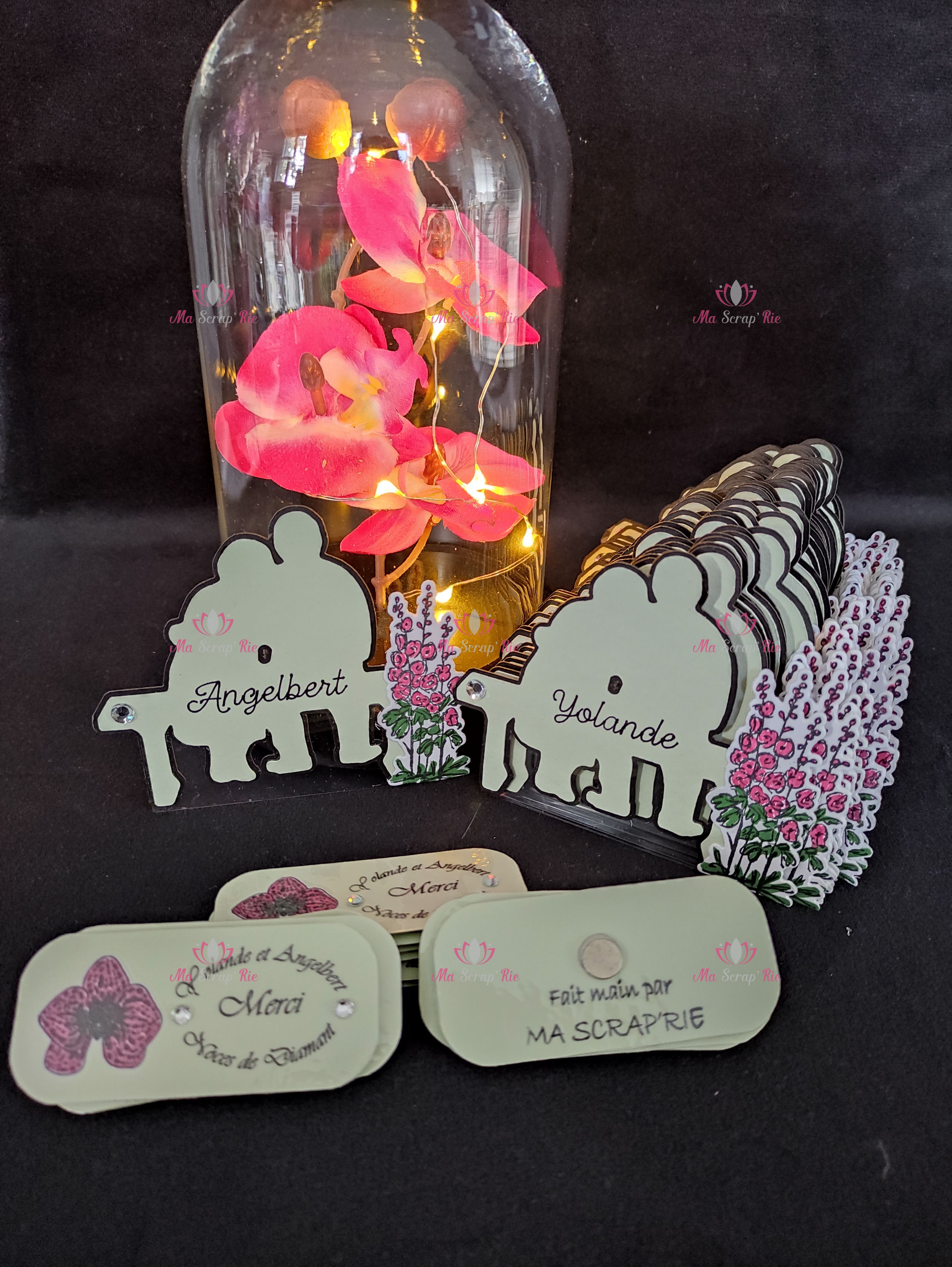 marque places, invités, magnet, cadeau, noces, diamant, orchidée