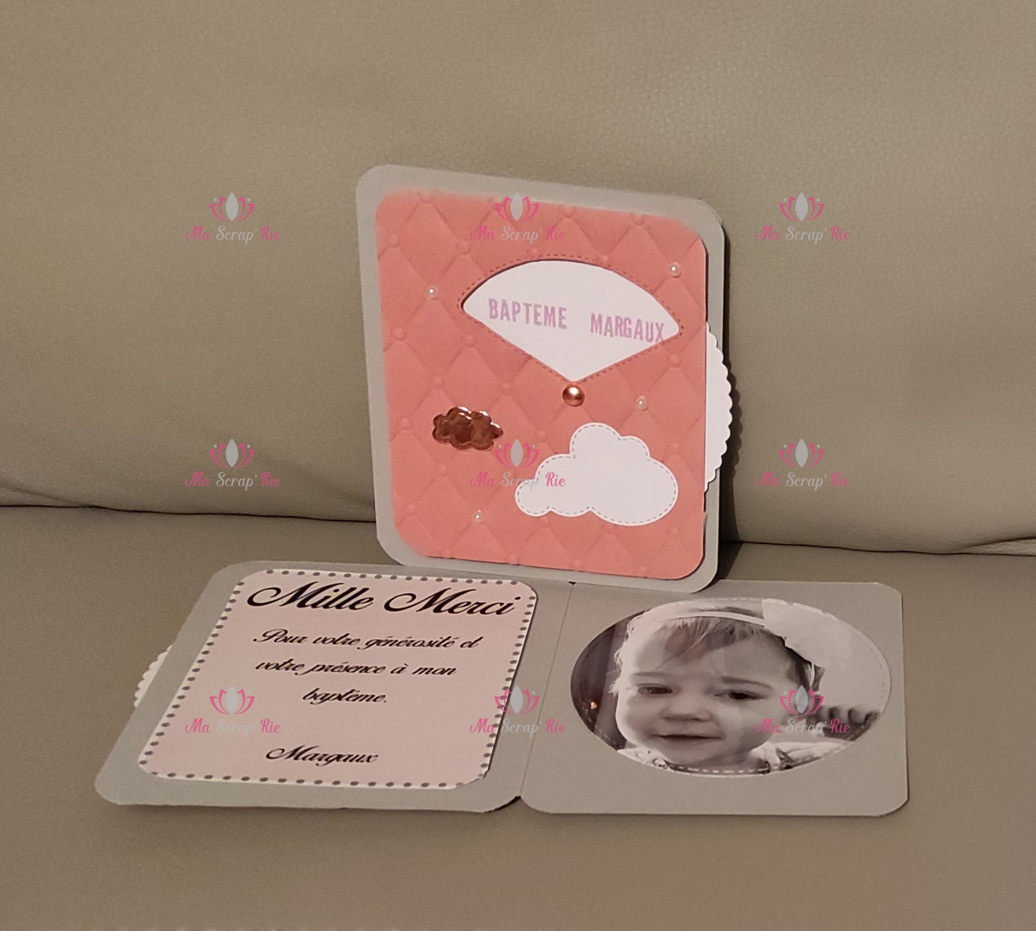 cartes, invités, merci, remerciements, baptême, nuage, vieux rose